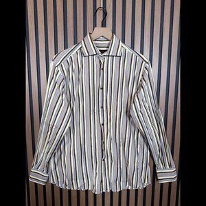 Etro Dress Shirt 40 Mens Blue Brown Striped Long Sleeve Button Down Vintage